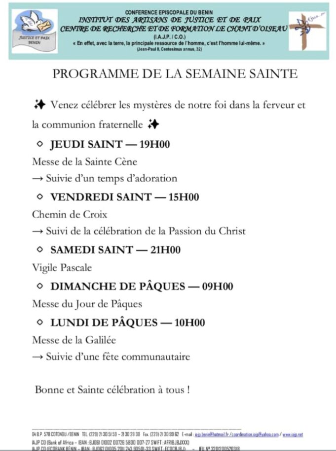 Programme de la semaine sainte au Chant d’Oiseau.